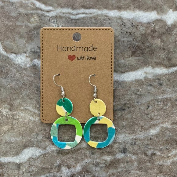 Polymer Clay Earrings| Small Double circle| Green earrings| Everyday Earrings  | - Picture 1 of 2